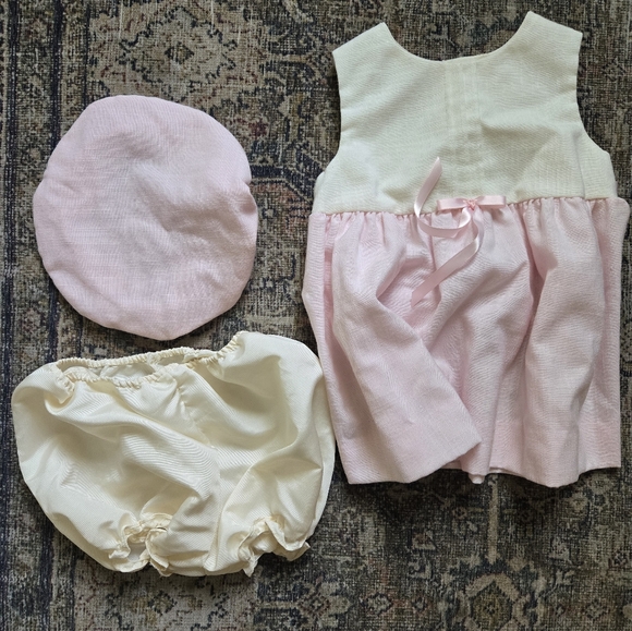 Vintage 90's Baby Girl Pink And White Dress Bloomers And Hat - Picture 1 of 6